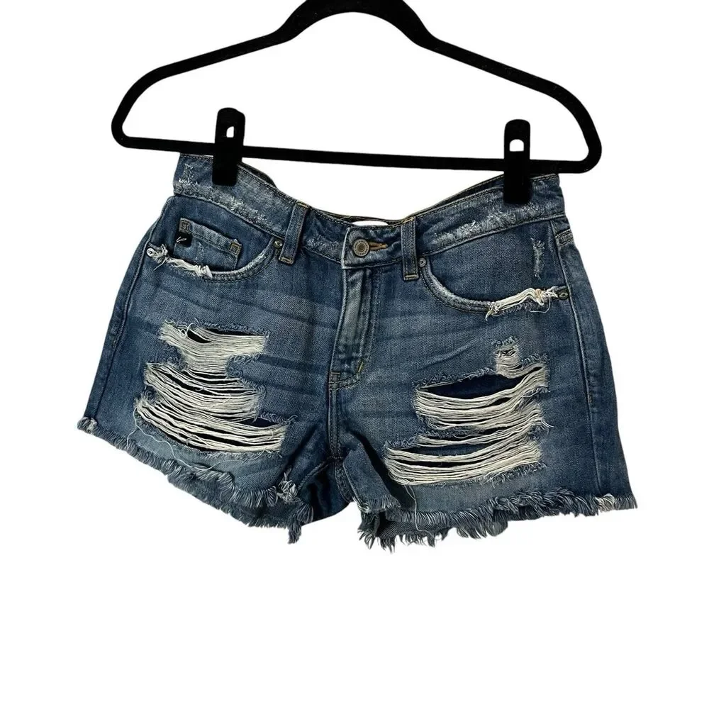 Kancan Estilo Denim Raw Hem Distressed Jean Shorts Size 7/27 KC8377M Medium Wash - Picture 1 of 10